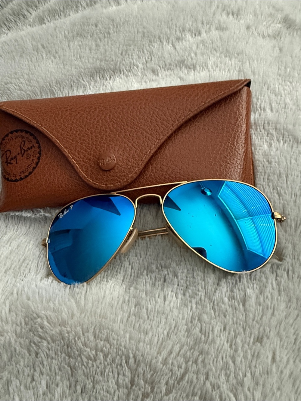 Ray-Ban Gold Frame Sunglasses with Blue Mirrored Lenses